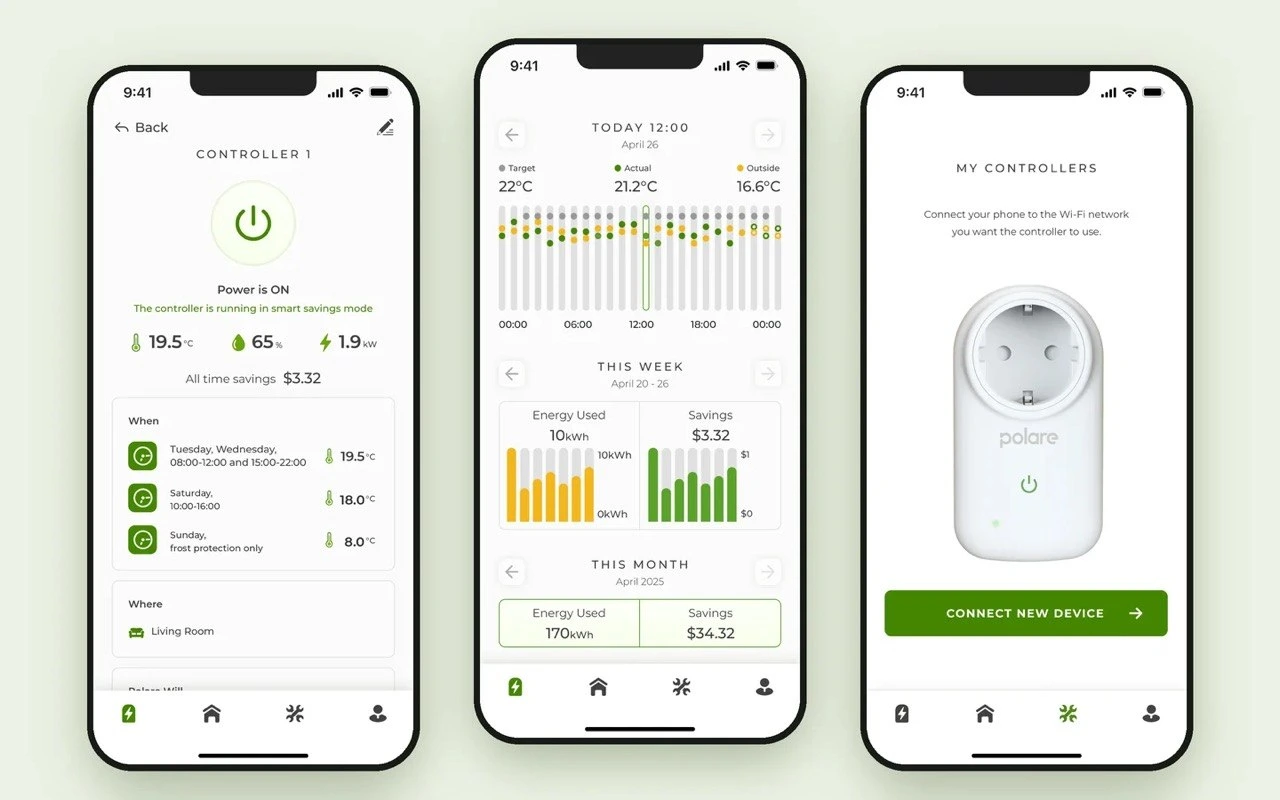 Polare app — controller detail, usage analytics, and connect-a-device screens