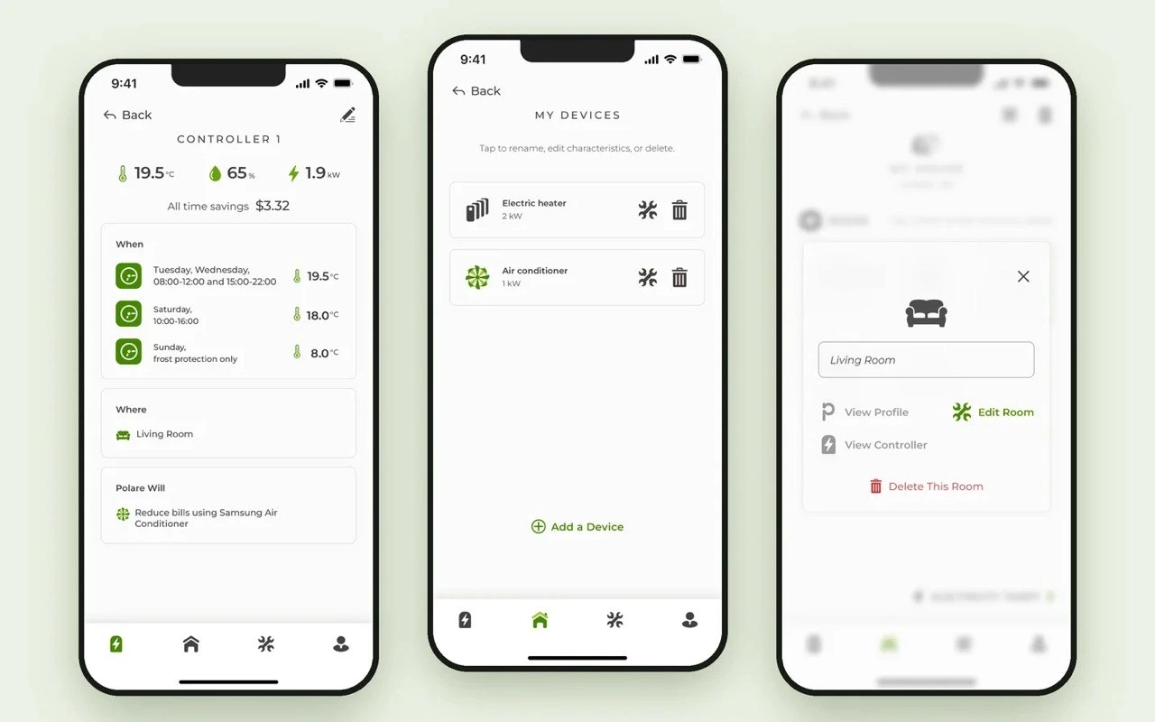 Polare app — device list and room assignment screens