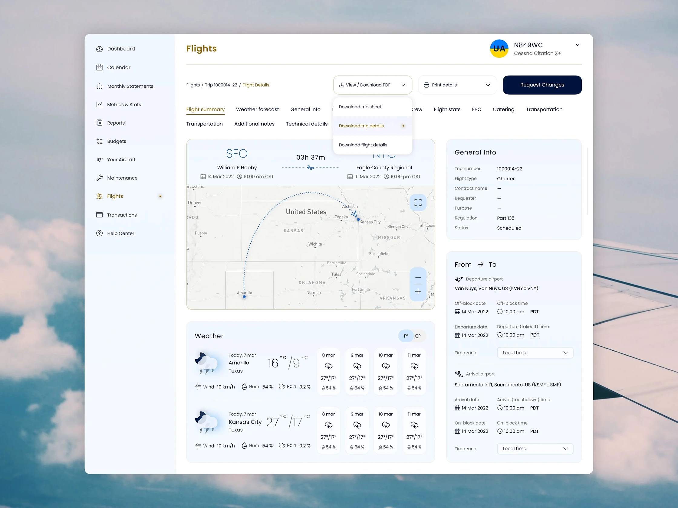 Private jet operations dashboard