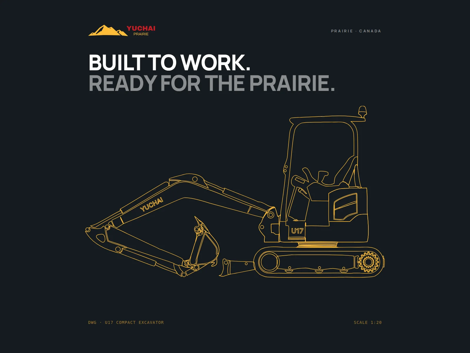 Yuchai Prairie website with a yellow line drawing of a U17 excavator
